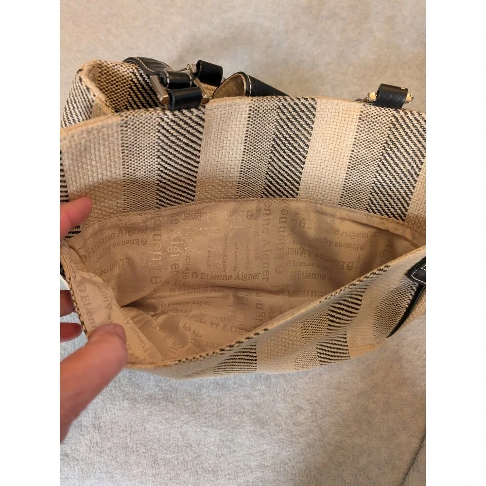 Etienne Aigner Linen Blend Shoulder Tote Bag Black Beige Leather Accents Women's